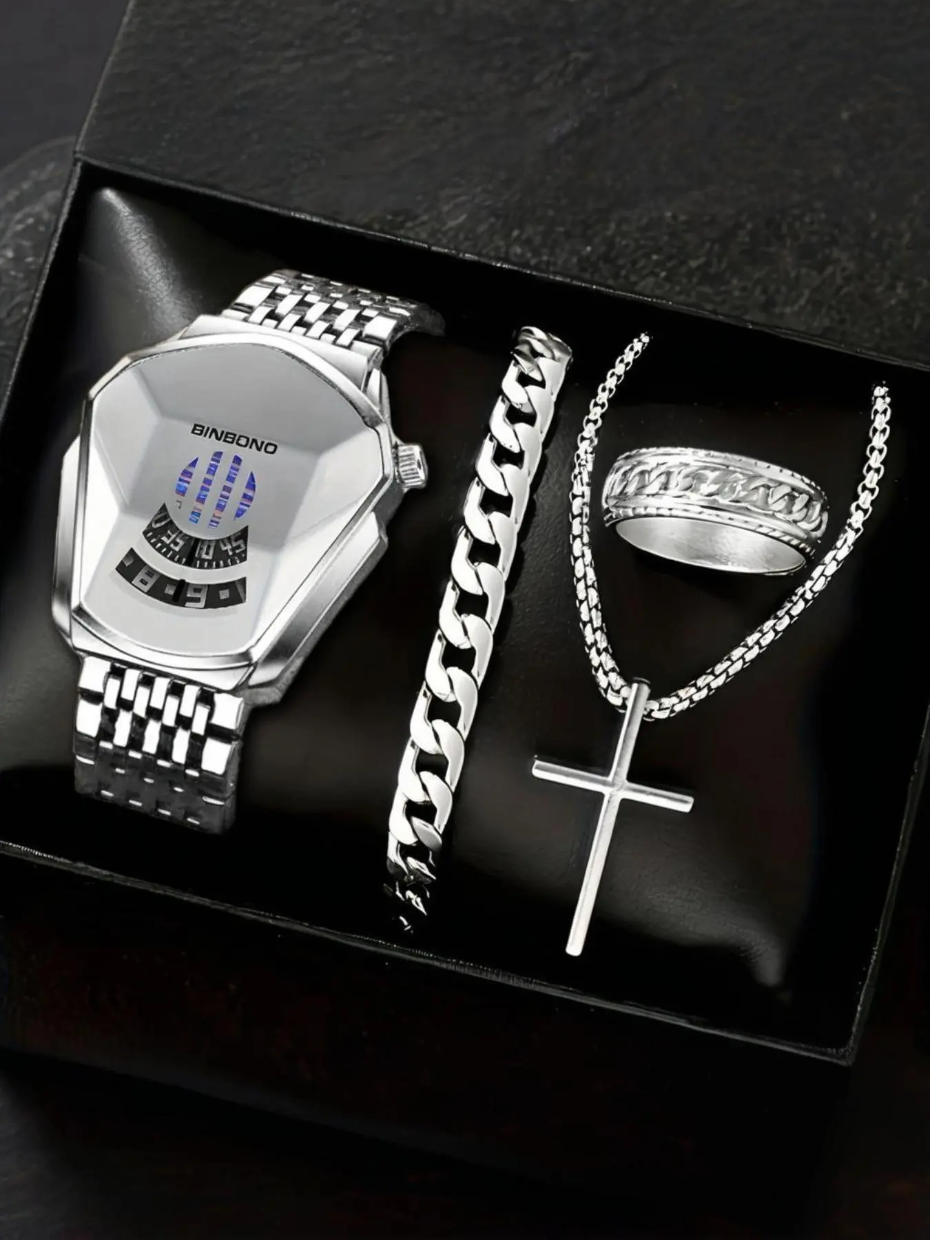 Men's Business Fashion Watch Set, Including Watch & Bracelet & Pendant Necklace & Ring, Trendy All-match & Exquisite Watch Set for Birthday Gift, Matching Jewelry Set, Accessory Set
