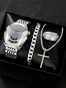 Men's Business Fashion Watch Set, Including Watch & Bracelet & Pendant Necklace & Ring, Trendy All-match & Exquisite Watch Set for Birthday Gift, Matching Jewelry Set