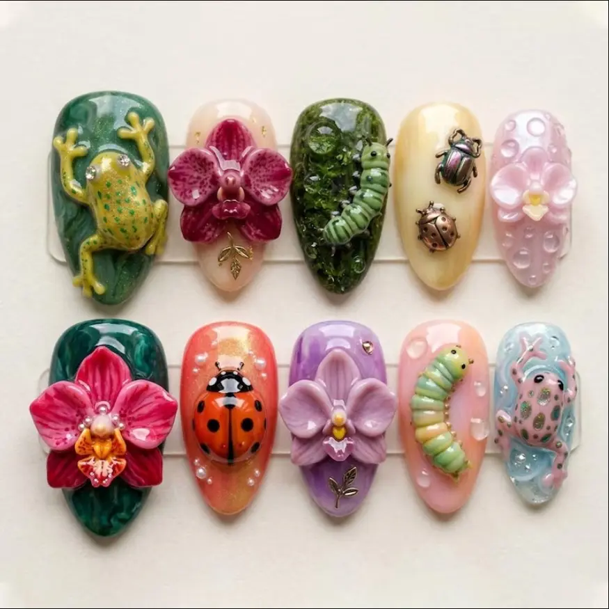 Fairy Garden Press On Nails Set 3D Frog Lady Bug & Flowers Hand Painted Gif For Birthday Party, Wedding Nails