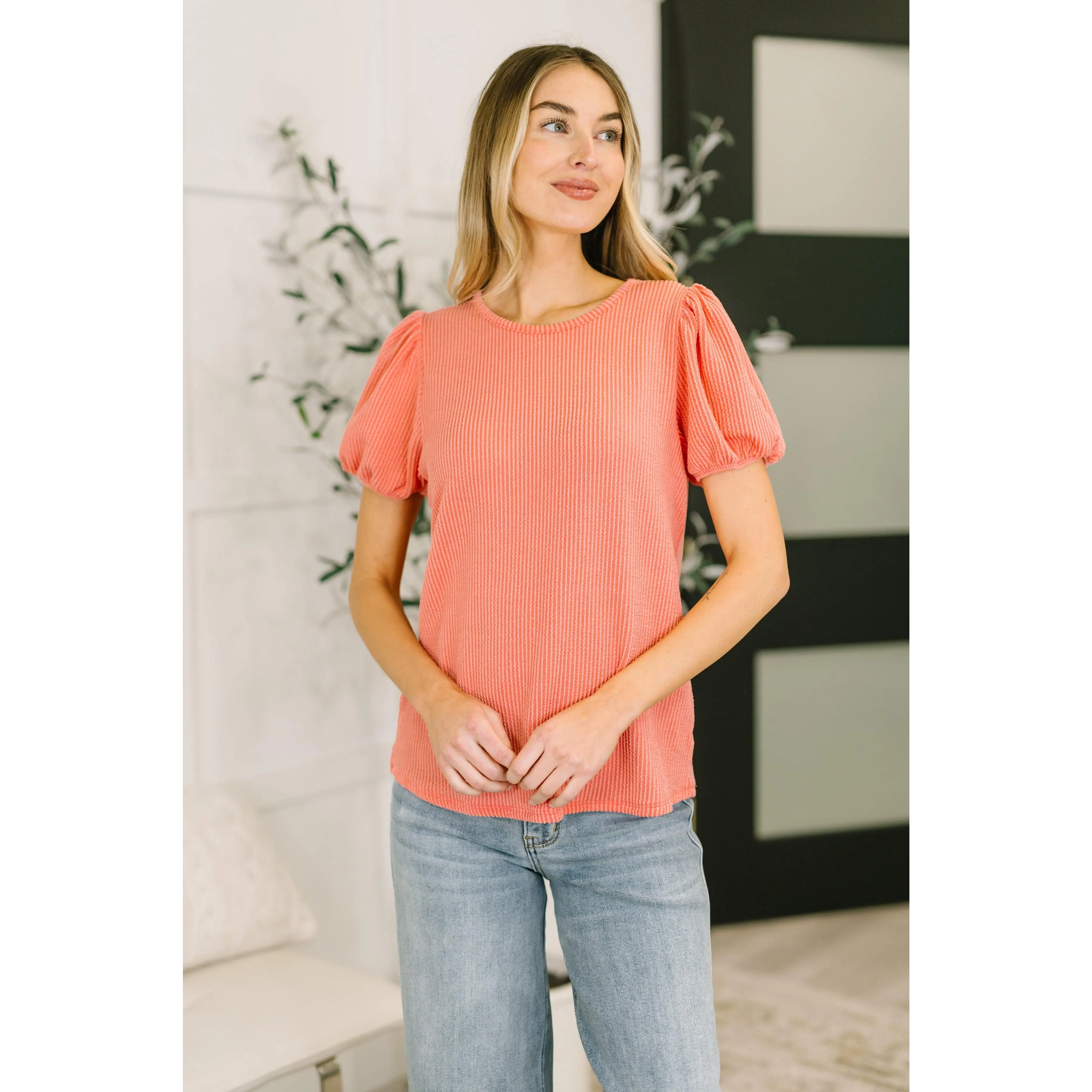 Grace & Virtue Balloon Sleeve Blouse in Coral