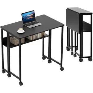 Folding Desk with Storage Shelf, 63 x 50cm Small Rolling Desk on Wheels, Space-Saving Foldable Computer Table, Sturdy Steel Frame, for Small Spaces Home Office, Easy Assembly