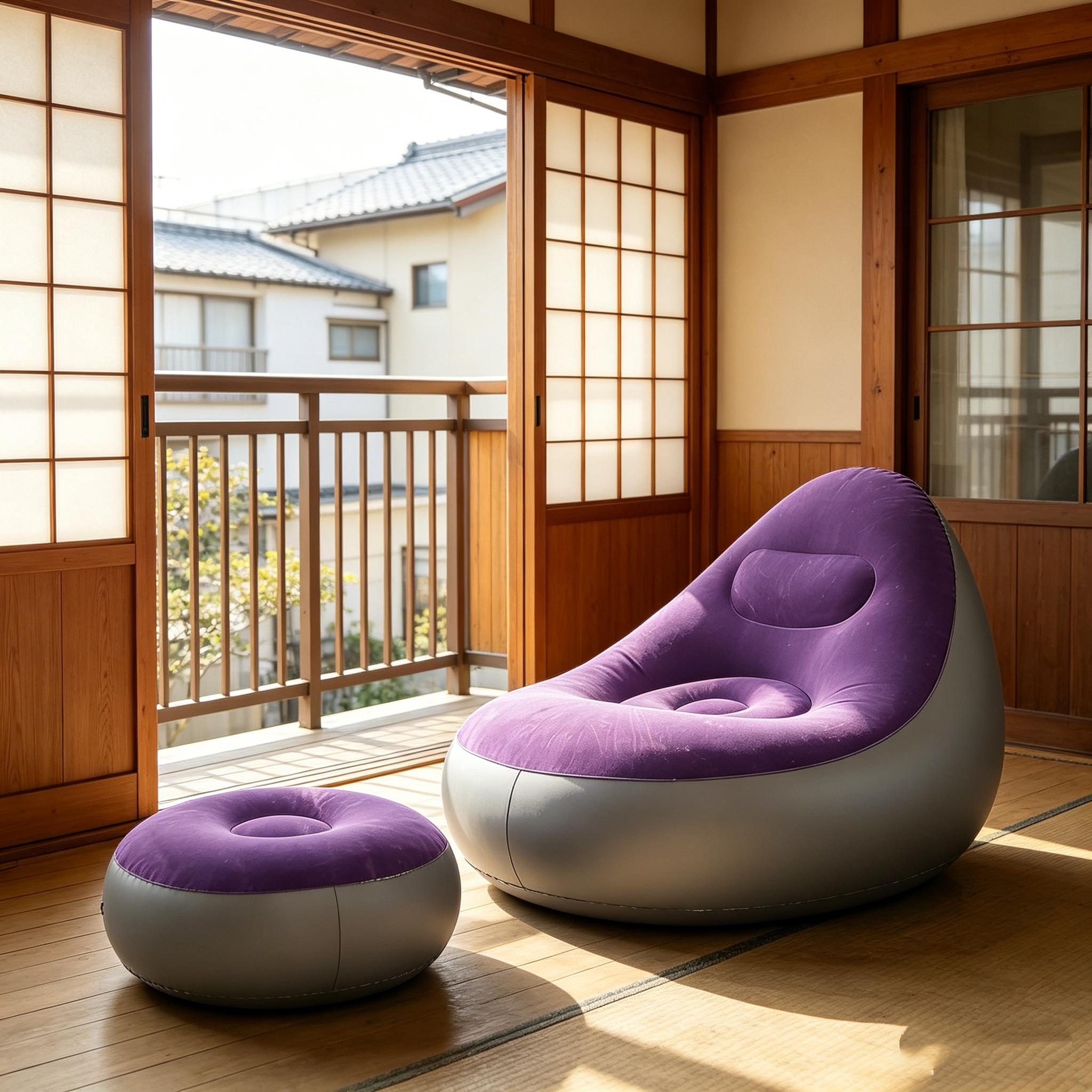 1pc purple Foldable Inflatable Recliner with Footrest, Comfortable Flocked Nylon Texture, Portable Lightweight Lounge Sofa for Home Bedroom Balcony Camping Outdoor Use