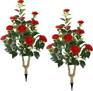 SUNNYGLADE 35.5" Artificial Camellia Tree, Faux Red Camellia Flowers Plant with Spike, Fake Greenery Tree for Spring Home Front Door Outdoor Indoor Decoration（set of 2)