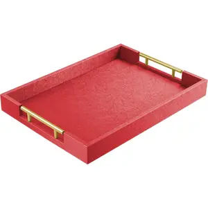 17" x 12"  Serving Tray with  Polished Metal Handles,  Decorative Wooden Rectangle Ottoman Leather Decor Platter Bathroom Vanity Tray for  Occasions Red