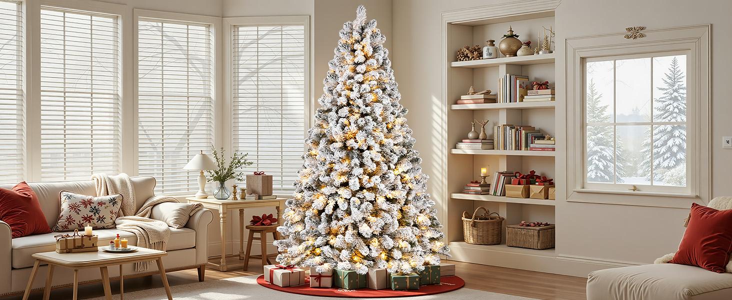 SHareconn 2025 4/5/6/7.5/9FT Pre-lit Warm Lights Snow Flocked Artificial Christmas Tree with Dense Branches, Deluxe Design, Ideal Holiday Decoration SHareconn 2025 4/5/6/7.5/9FT Pre-lit Warm Lights Snow Flocked Artificial Christmas Tree with Dense Branches, Deluxe Design, Ideal Holiday Decoration