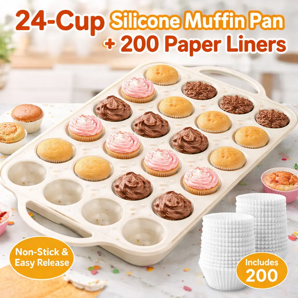 24-Cup Silicone Mini Muffin Tin with Metal-Reinforced Frame, Durable BPA-Free Dishwasher-Safe Bakeware, Includes 1 Muffin Pan + 200 Cake Liners, Mid-Year Sale Restock