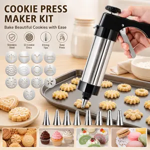 Stainless Steel Cookies Press Set,  Cookie Press Gun Kit with 13 Cookie Discs, 8 Piping Tips, Baking Cookie Maker, Icing Decorating Gun,Effortless Cake Maker​,Kitchen Baking Supplies,for DIY Biscuit/Cake Maker and Decorating Baking Supplies