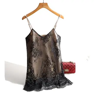 Lace Spaghetti Strap Top Women Halter V Neck Basic Cami Sleeveless Satin Silk Tank Tops Summer Camisole Plus Size