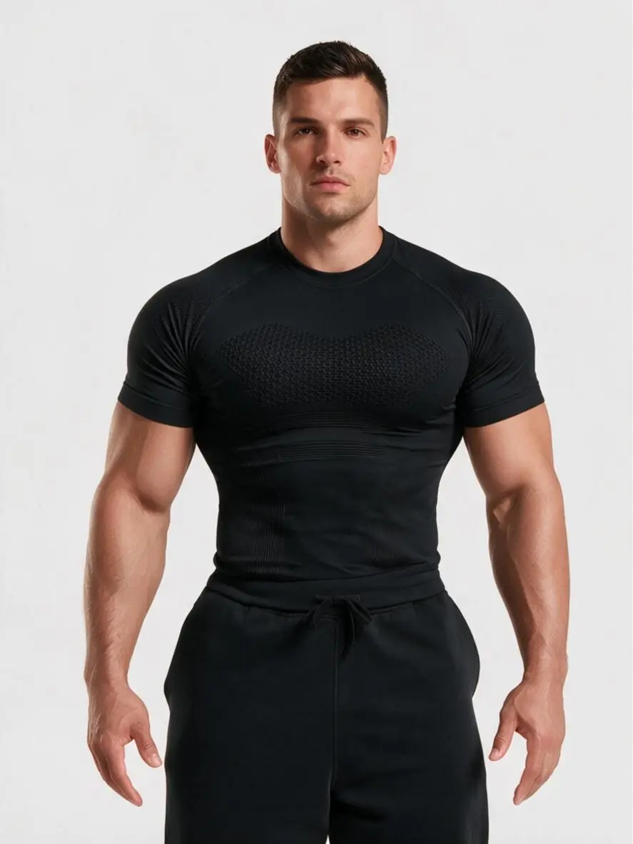 Men's Compression Shirts - Seamless Short Sleeve Athletic Top, High Elastic, Moisture Wicking, Quick Dry, Fitted Muscle-Hugging for Gym Running Workouts