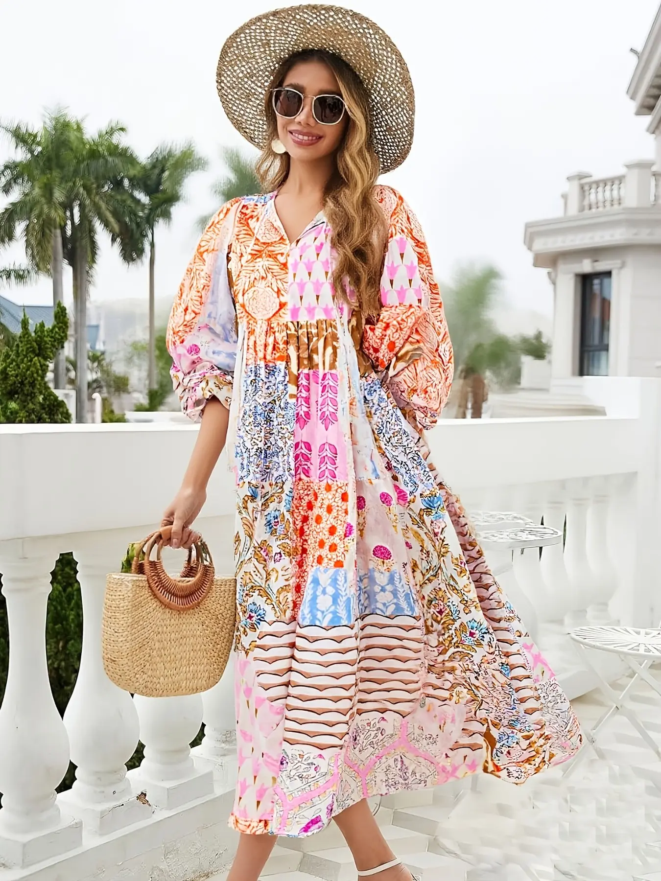 Women's Bohemian Sun Dress Floral Print Vintage Lantern Balloon Sleeve Dress, Elegant Casual Summer Holiday Dress with Pockets, Stylish Chic Retro Boho Fashion for Women, Boho Chic Style