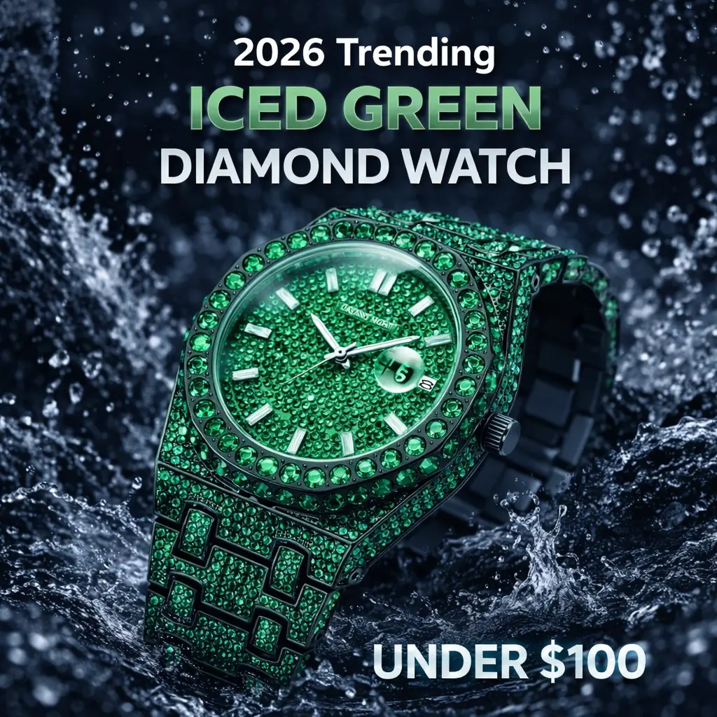 Men's Iced Out Analog-Digital Watch with Iced Out Design, 42mm Hip Hop Bustdown Style, Green Bling Dial, Durable Alloy Case, Black Steel Strap with Clasp, Mineral Glass, 30M - 50M Waterproof