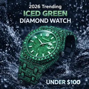Men's Iced Out Analog-Digital Watch with Iced Out Design, 42mm Hip Hop Bustdown Style, Green Bling Dial, Durable Alloy Case, Black Steel Strap with Clasp, Mineral Glass, 30M - 50M Waterproof