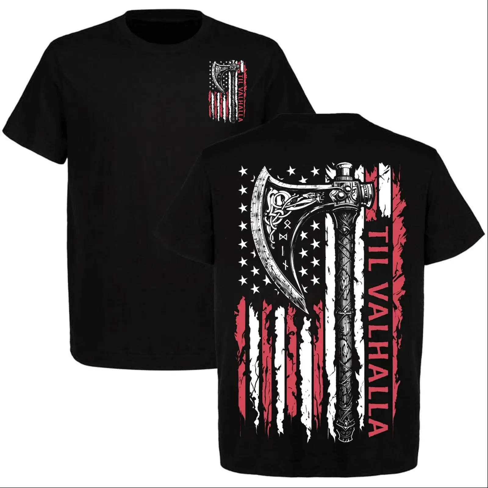 Men's Patriotic Norse Viking Warrior Axe Graphic T-Shirt, American Flag Themed Casual Top Ideal Gift For Nordic Culture Enthusiasts