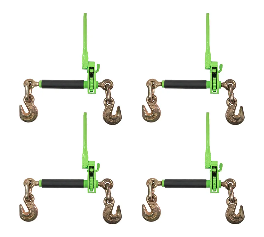 4 Pack 3/8"-1/2" Hi-Viz Green Heavy Duty Folding Handle Ratchet Load Binder w/ Grab Hook 12,000 lbs WLL | Tie Down Hauling Chain Binders for Flatbed Truck Trailer