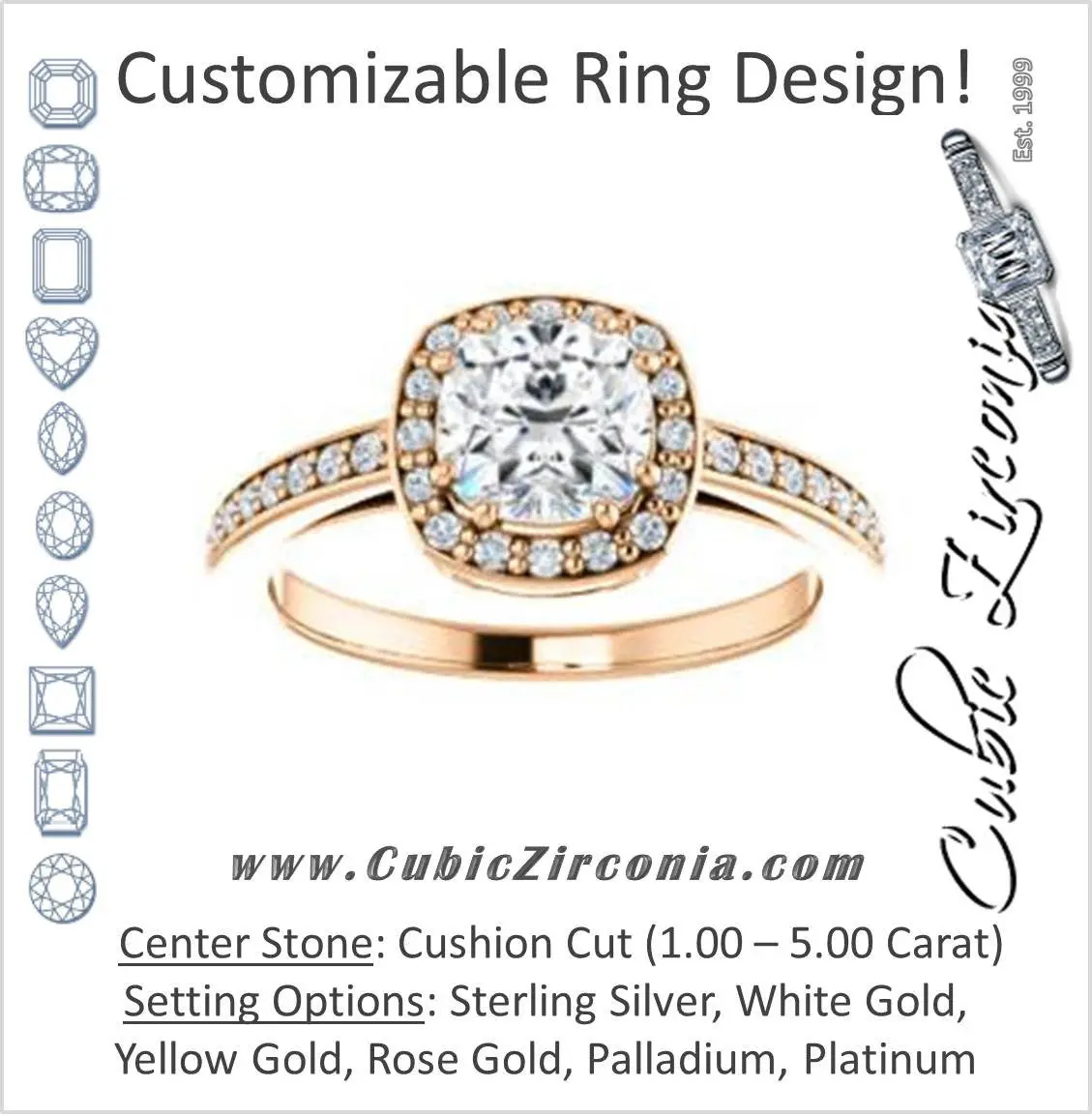 Cubic Zirconia Engagement Ring- The Kira (Customizable Cathedral-Halo Cushion Cut Design with Thin Pavé Band)