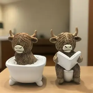 Funny decorative figurines, highland cow reading book toilet bowl statue, farmhouse-style bathroom decoration, resin sculpture desk decor home office or gift, ideal for holidays, perfect choice for Thanksgiving.