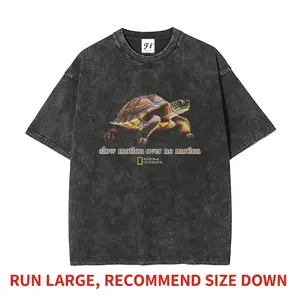Men's Heavyweight Pure Cotton Vintage Washed Boxy-Oversized T-Shirt - Slow Motion Over No Motion Turtle Nature Aesthetic Funny Meme Graphic, Casual Short-Sleeve Menswear Top