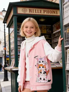 Girls' Fashion Hooded Jacket, Spring Fall Cartoon Cat Heart Pattern, Outdoor Casual College Style, Perfect for Parties and Daily Wear