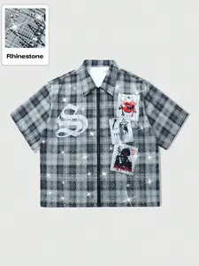 Unisex Hotfix Rhinestone Plaid Zip Up Shirt, Gothic Streetwear Fashion Graphic Print Short Sleeve Top, Casual Blouse for Daily, Street, Party & Club Outfit