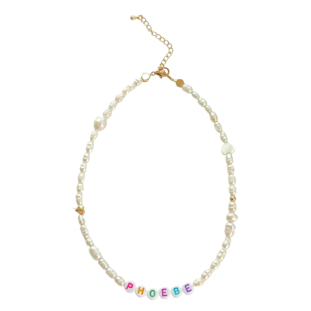 Stacked By Suzie Say My Name Necklace Custom Name Pearls And Gold Accents Jewelry Handmade Freshwater Pearls Acrylic Letters Gold Plated Charms Hypoallergenic 13.5" Length