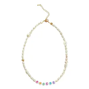 Stacked By Suzie Say My Name Necklace Custom Name Pearls And Gold Accents Jewelry Handmade Freshwater Pearls Acrylic Letters Gold Plated Charms Hypoallergenic 13.5" Length