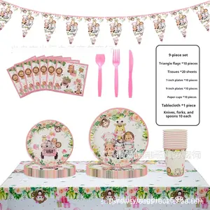 [Jungle Animal Theme]New Cartoon Pink Disposable Tableware Set - Includes Paper Plates, Cups, Napkins & Tablecloths for  Decorations birthday party