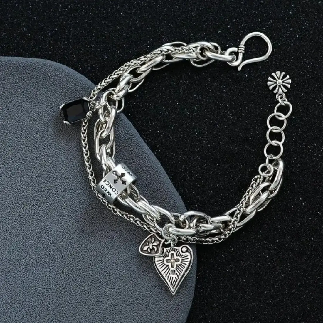 925 Sterling Silver Braided Bracelet — Y2K Retro Heart & Cross Pendant; Trendy and Stylish, Perfect for Parties and Daily Wear