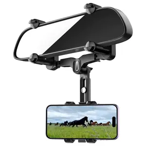 Rearview Mirror Phone Holder for Car, 360° Rotating and Retractable Multifunctional Rear View Phone Mount, Upgraded Four Corners Fixed Anti-Shake Fit Most Smartphones & Bigger Vehicle