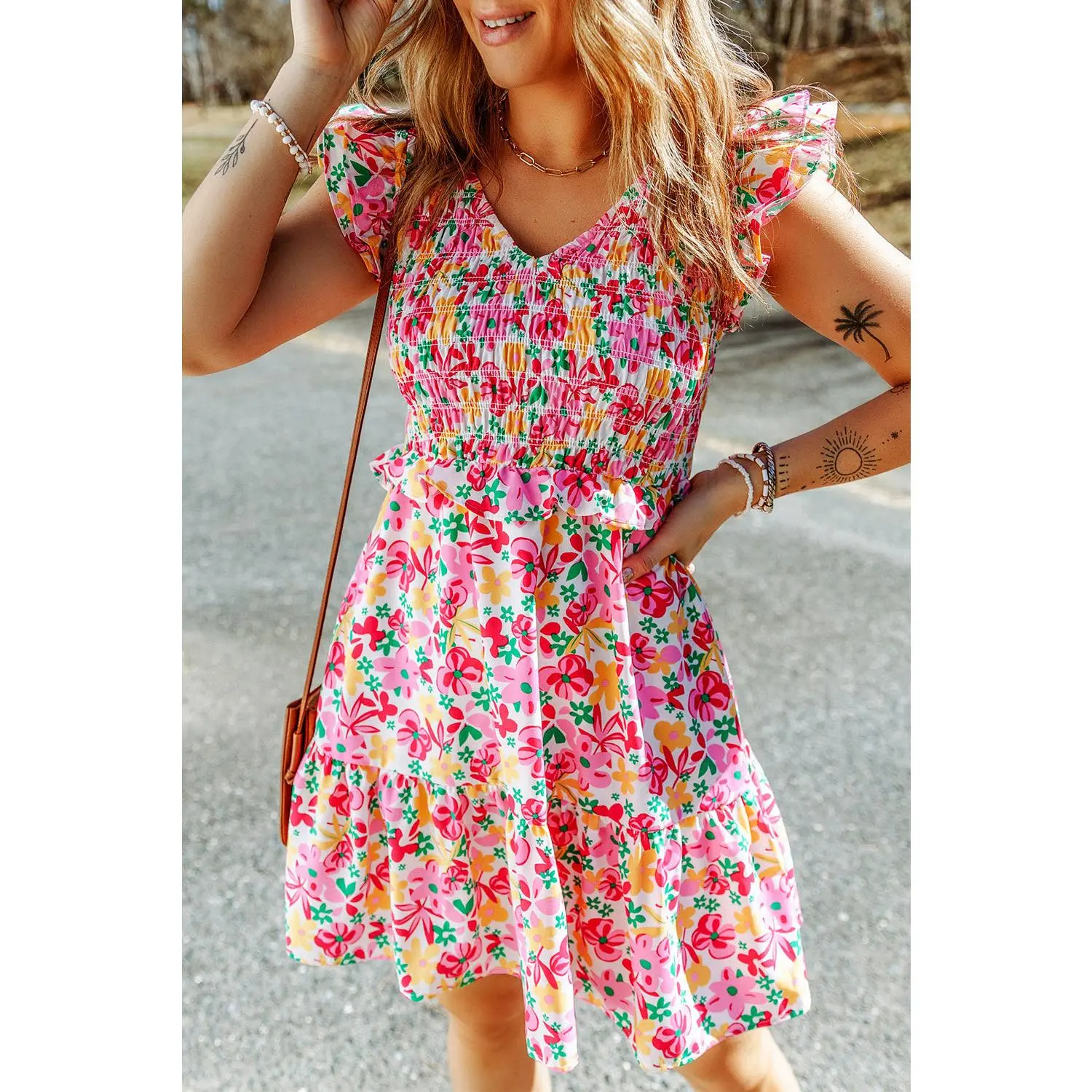 Multicolor Smocked Bodice Ruffle Trim Floral Dress