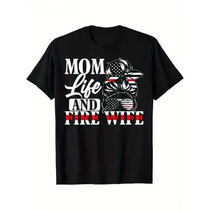 Men's Firefighter Mom Life & Fire Wife Patriotic American Flag T-Shirt - 100% Cotton Retro Graphic Tee with Helmet & Axes Design, Machine Washable Casual Outdoor Shirt for Hiking, Yoga, Running - Gift for  double Tshirt
