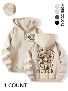 Women's "Not Today Heifer" Cow Graphic Floral Half-Zip Hoodie - Casual Oversized Fleece-Lined Sweatshirt with Multiple Colors Womenswear