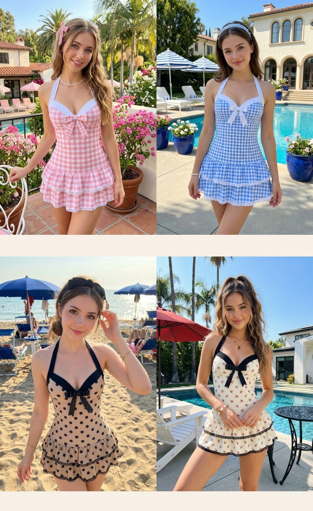 RETRO STAGE Women's 1940s Vintage Pink Gingham Halter 1-Piece Swimsuit, Polka Dots, Dainty Bow, Ruffled Hem, Backless, Comfortable Fit, Bathing Suit, One Piece Swimsuit,summervibes