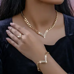 1 Set Elegant V-Shape Pendant Jewelry Set, Iron with Plastic Inlay, Daily Wear Necklace, Bracelet, and Ring Combo, Versatile for All Seasons