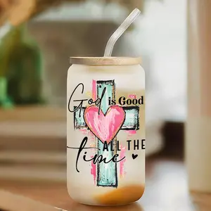 Christian Cross&Heart 16oz Glass Can Cup with Lid and Straw,Reusable Glass Drinking Cup,High-Quality Glass Jar for Iced Coffee,Hot Chocolate,Stylish Fashionable Glassware,Christian Gift,Faith-Based Gift,Perfect Gift for Faith Enthusiasts,Church Members