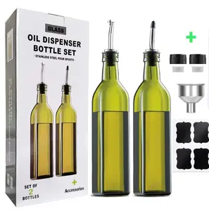 2 PCS 17 oz Glass Olive Oil Dispenser Bottle Set - 500ml Dark Green Oil & Vinegar Cruet Bottle with Pourers, Funnel and Labels - Olive Oil Carafe Decanter for Kitchen