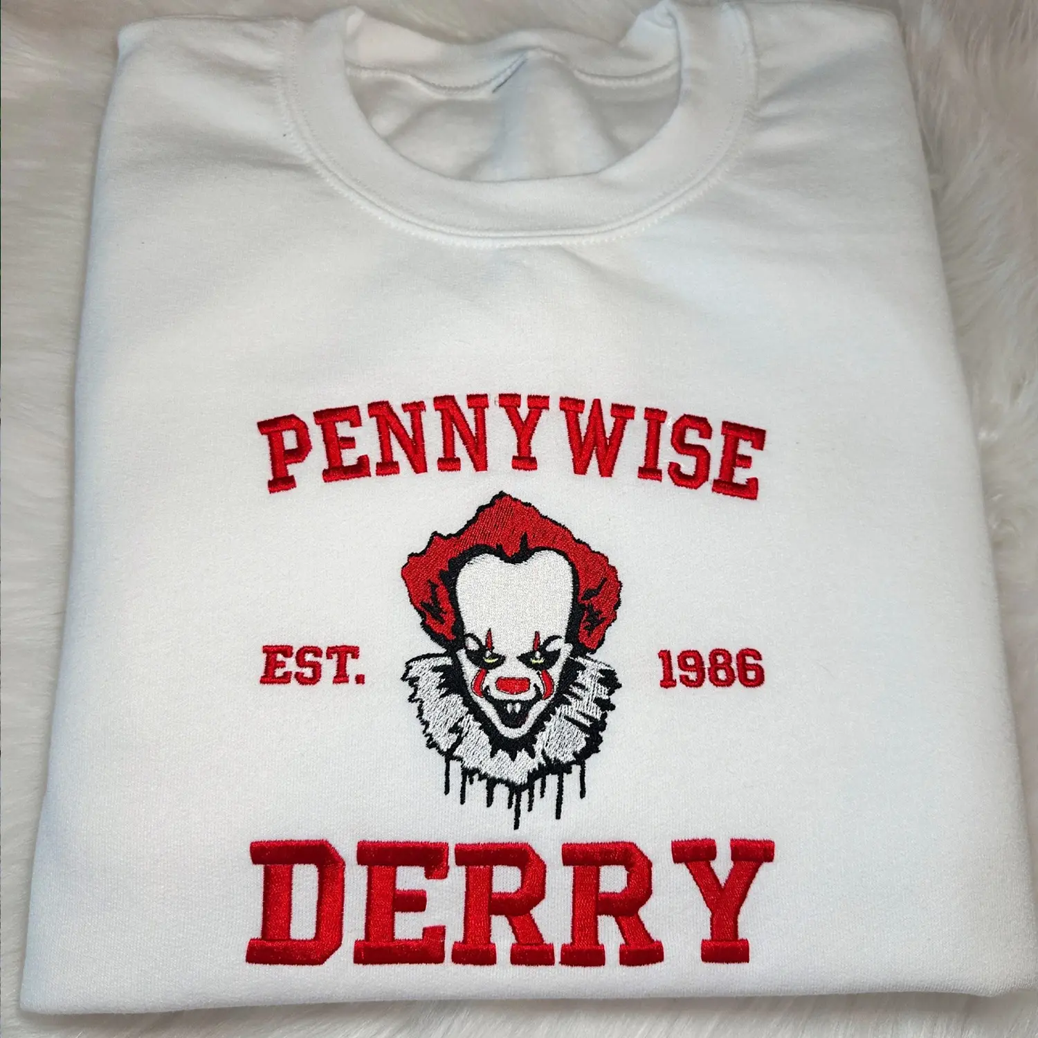 Pennywise Derry EST 1986 Embroidered Sweatshirt, Pennywise The Dancing Clown Embroidered Sweatshirt, Pennywise Stephen King Halloween Shirt, Pennywise Sweatshirt Hoodie, Halloween Gifts
