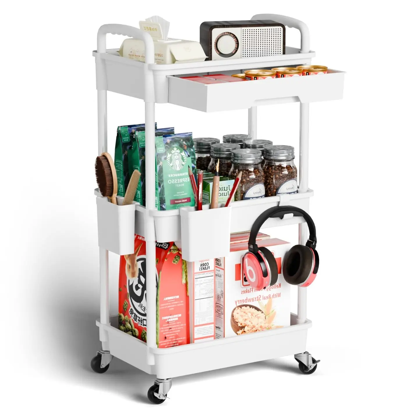 3 Tier Rolling Cart Organizer,Laundry Room Bathroom Organizers and Storage Office Shelves Mobile Shelving Unit Kitchen Trolley Cart with Wheels for Art,Craft,Diaper,Bedside,Snack(White)