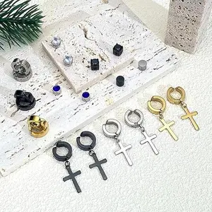 11 pairs Men Magnetic Earrings Cross Titanium Steel Hoop Dangle Clip On Earring Stainless Steel Magnet Earring for Men Women