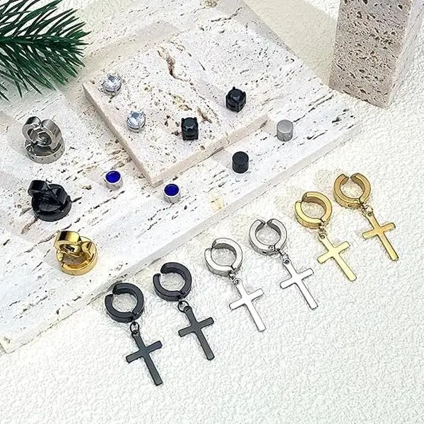 Ear Clip Set for Men & Women, 11 Pairs Stainless Steel Magnetic Hoop, Dangle & Cross Earrings, Non-Piercing Hypoallergenic, High Quality Earrings, Hoop Shape Earrings, Stainless Steel Hoops