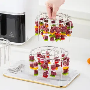 2 Counts 304 Stainless Steel Round Roasting Rack with 12 Skewers - 2-in-1 Vertical Grill Grate for Air Fryer, Steamer, Oven, Small 6 Inch Roasting Stand, Kitchen Gadgets