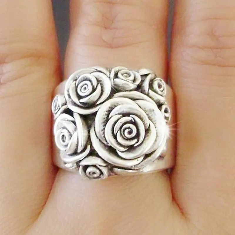 Retro Bohemian Floral Wide Band Rings for Women - Wedding Engagement Promise Anniversary Jewelry with Birthstone Design - Romantic Holiday Gift for Brides