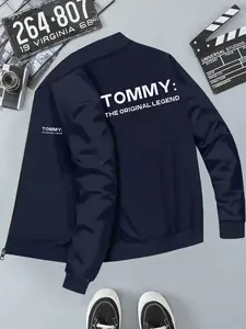 Tommy Legend Source Printed Zipper Jacket, Casual Drop Shoulder Long Sleeve Coat for Autumn & Winter, Men's Daily Wear Clothing