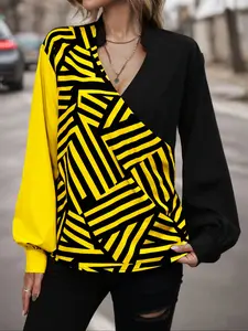 Cropped Colorblock Geometric Striped Patchwork Top Blouse, Slim-Fitting Design, Perfect for Daily Wear & Stylish, Must-Have Fashion Piece