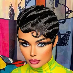 Human Hair Glueless wig Pixie Cut Brown Color #4