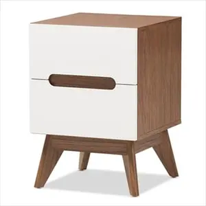 212 MAIN Calypso Mid-Century Modern 2-Drawer Storage Nightstand - White & Walnut Engineered Wood, with Angular Legs