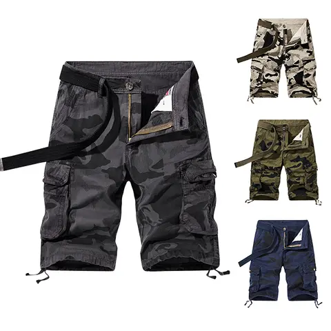 Menswear Stylish Men’s Pure Cotton Breathable Camo Print Cargo Shorts - Loose Fit Knee-Length Tactical Shorts with Belt, Cuffed Hems, Customized Button, Adjustable Drawcords, Multiple Pockets, Ideal for Outdoor Hiking, Casual Street Wear, 4 Camo Colorways