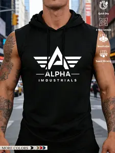 1pc ALPHA Industrial Logo Hooded Tank Top, Fitness Workout Vest, 100% Polyester, Durable, Tactical & Outdoor Wear