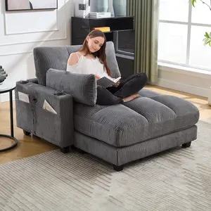 55''x44'' Oversized Chaise Lounge Chair Indoor, Upholstered Sleeper Sofa Bed w/USB & Cup Holder & Side Pockets & Pillow, Comfy Corduroy Reclining Chair w/Switchable Armrest, Gray