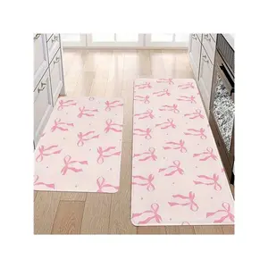 Super absorbent non-slip floor mats for kitchen, bathroom, laundry room, and entryway; quick-dry washable runner rugs; cute coquette-style soft home decor carpet; pink ribbon diatomaceous earth kitchen mat set;
