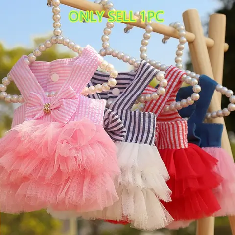 Striped Layered Cake Dress for Cats Dogs, Small Fabric Pet Clothing, Ideal for Teddy Poodles Bichon Frise French Bulldog Corgi
